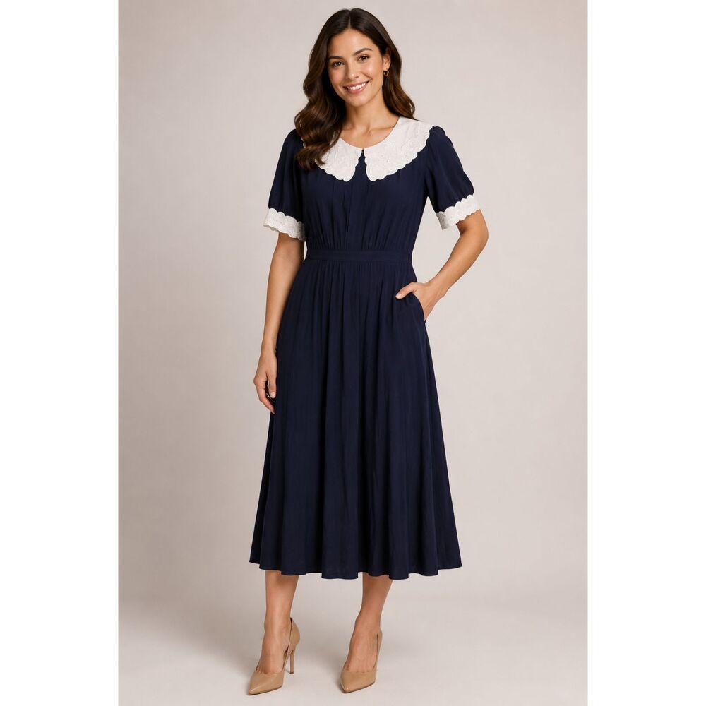 Vintage Karin Stevens Rayon Maxi Dress Size 12 White Collar
